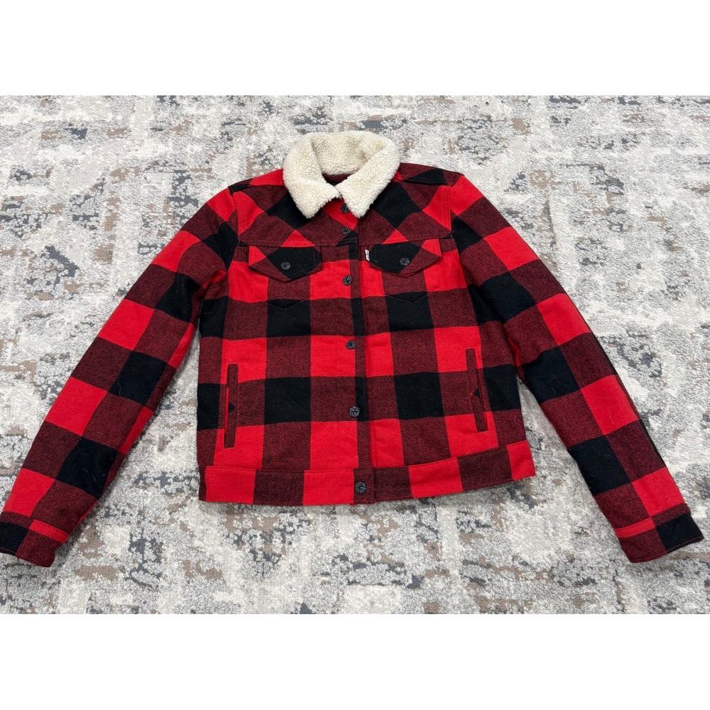 Levi Strauss & Co Womens Red Buffalo Plaid Sherpa Lined Trucker Jacket Size S‎